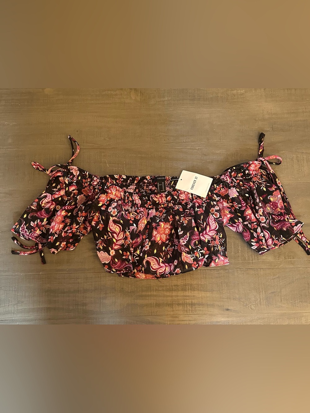 Forever 21 Black Floral Off-Shoulder Crop Top with Pink and Red Flowers